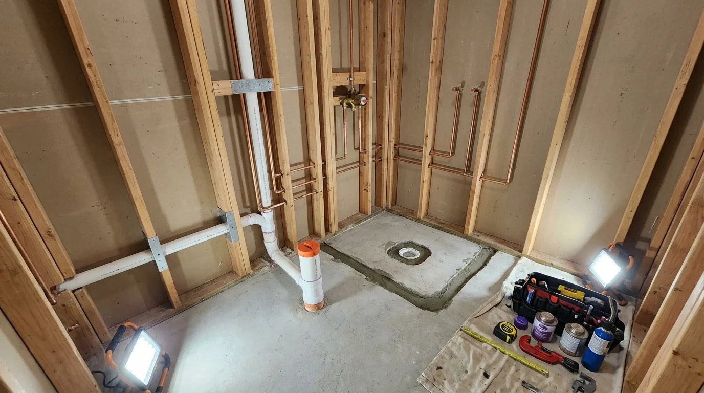 Bathroom rough-in plumbing during remodel by Johns Plumbing LLC in Healdton