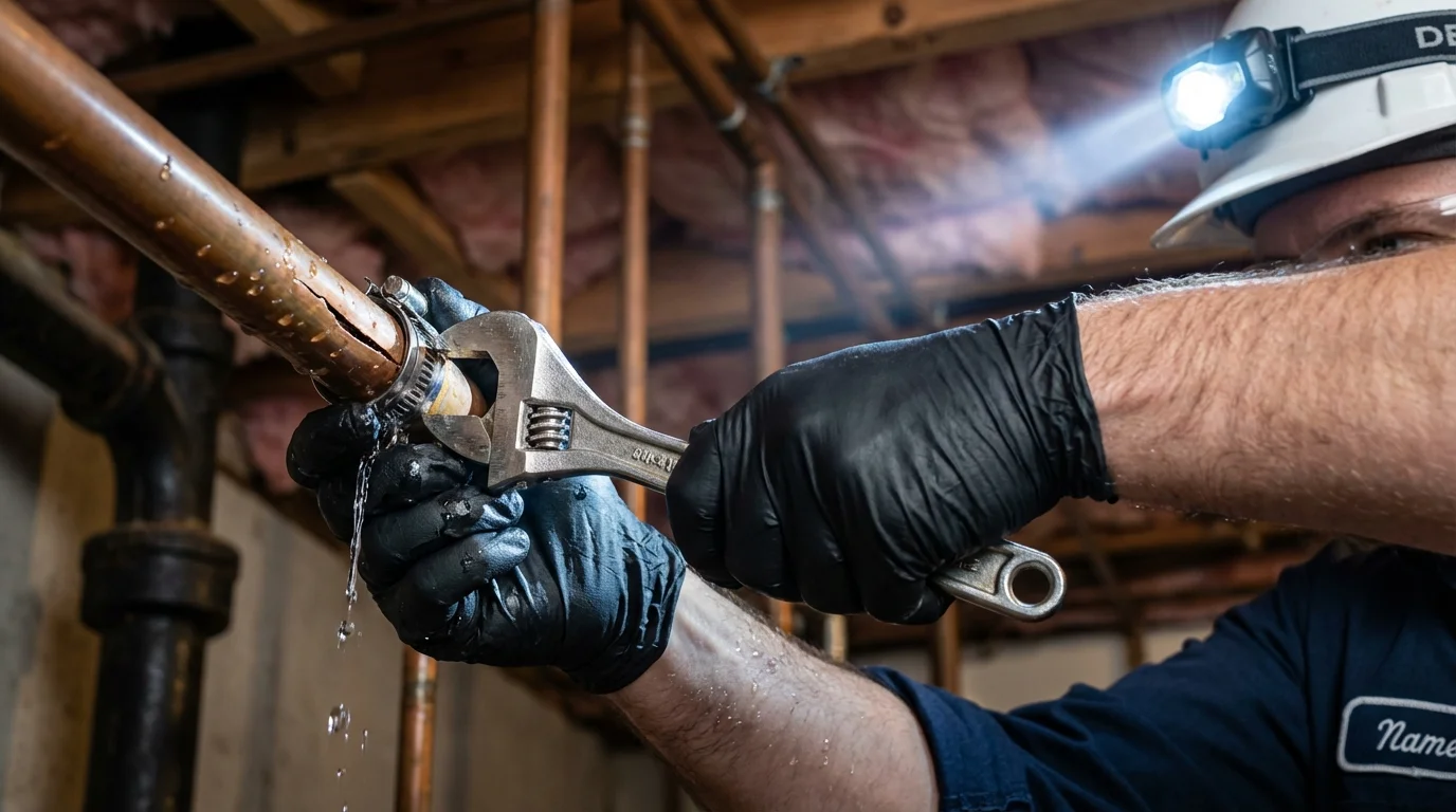 Emergency pipe clamp repair being performed by a Johns Plumbing LLC plumber in Healdton