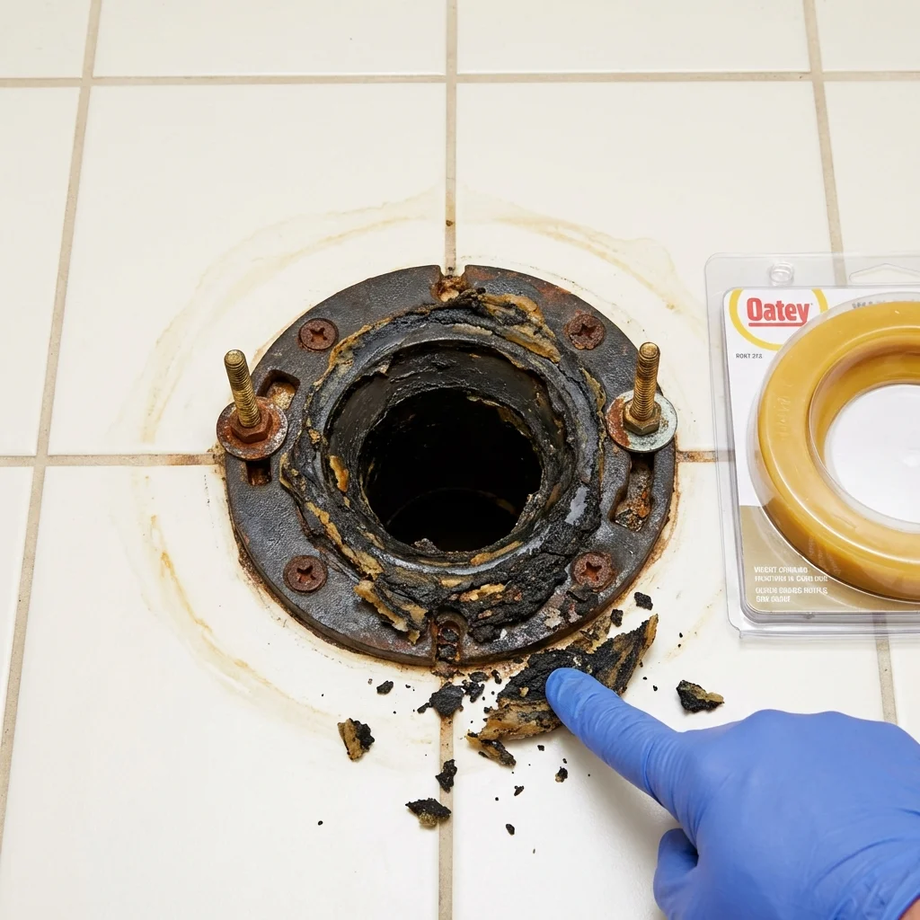 Failed wax ring showing water seepage at the base of a toilet in a Healdton, OK home