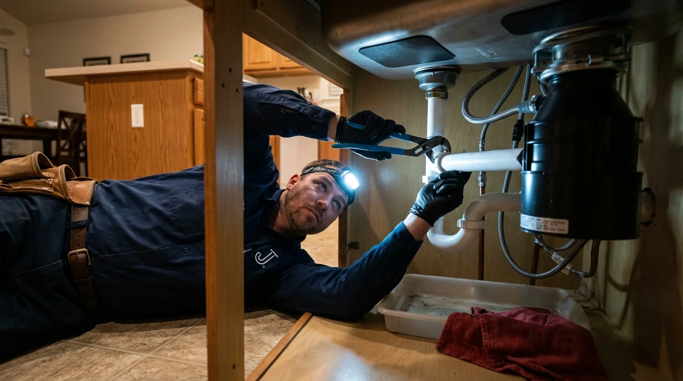 P-trap and supply line connections under a kitchen sink showing a common leak point in Healdton, OK
